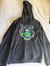 KENZO Men's M Black Tiger Graphic Pullover Hoodie Cotton Pockets Drawstring