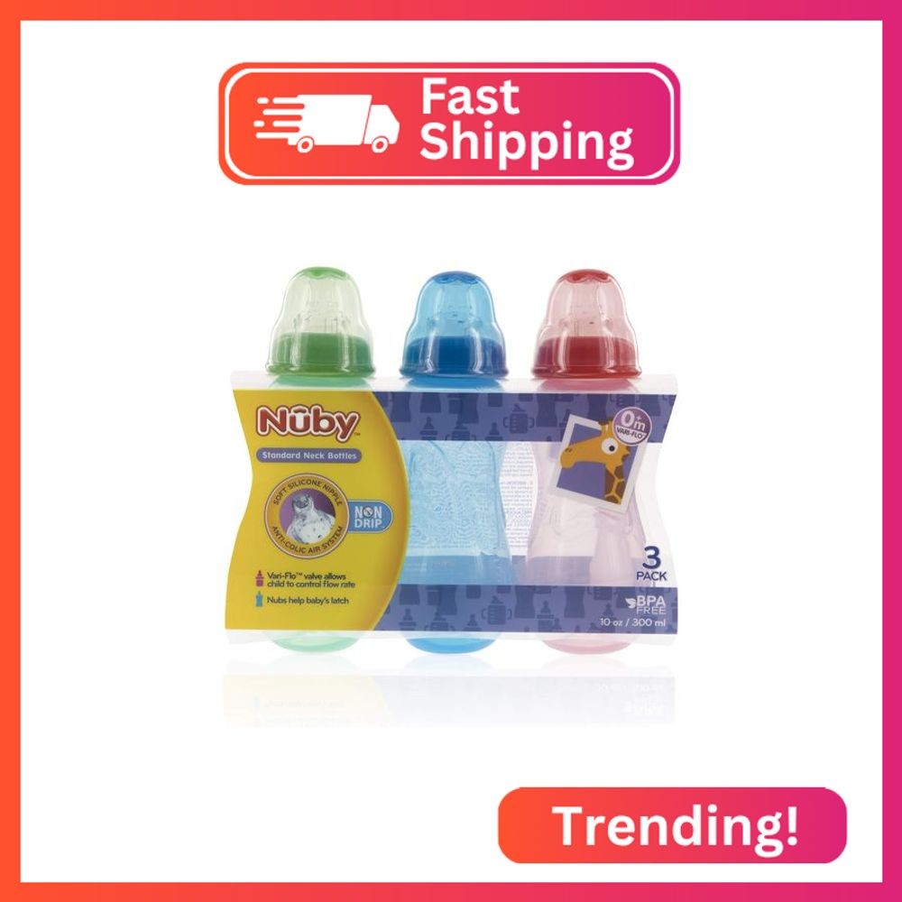 Nuby Non-Drip Standard Neck Bottles, 10 Ounce (Red/Blue/Gree