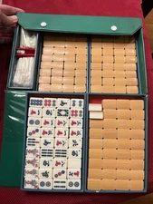 Vintage Mini Mahjong travel Set Bamboo Ivory Green Vinyl Case 144 Tiles