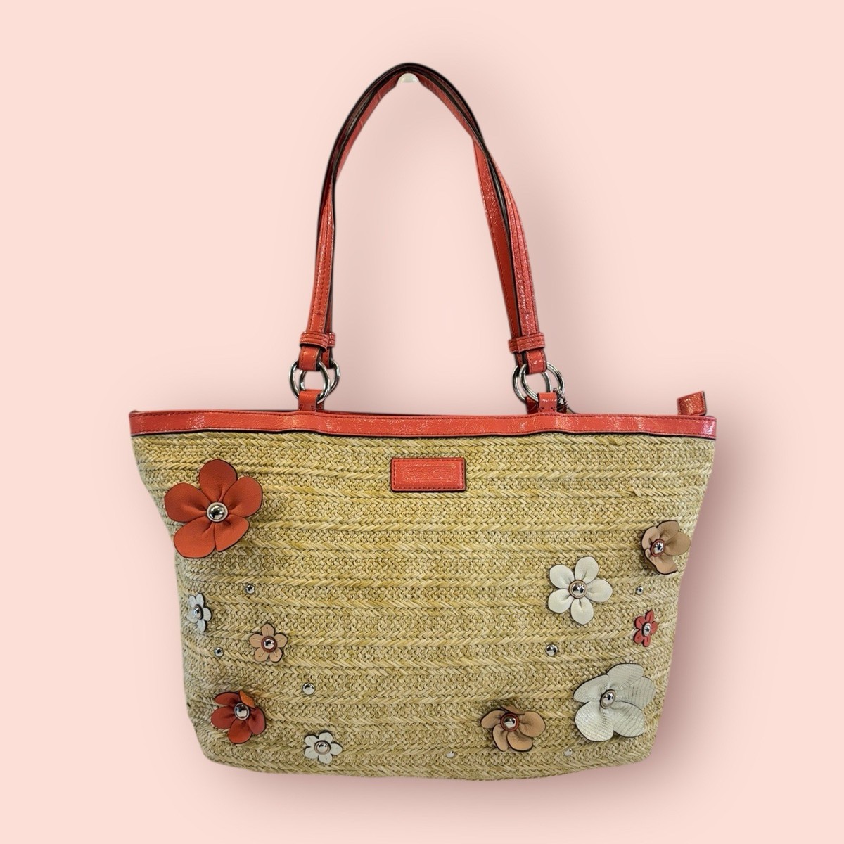 COACH Y2K Vintage Straw Floral Appliqué Tote Leather Accent