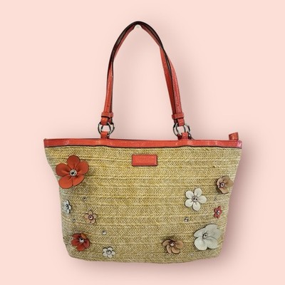 COACH Y2K Vintage Straw Floral Appliqué Tote Leather Accent