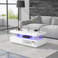 Coffee Table High Gloss White LED 2 Drawer Storage Modern Living Room