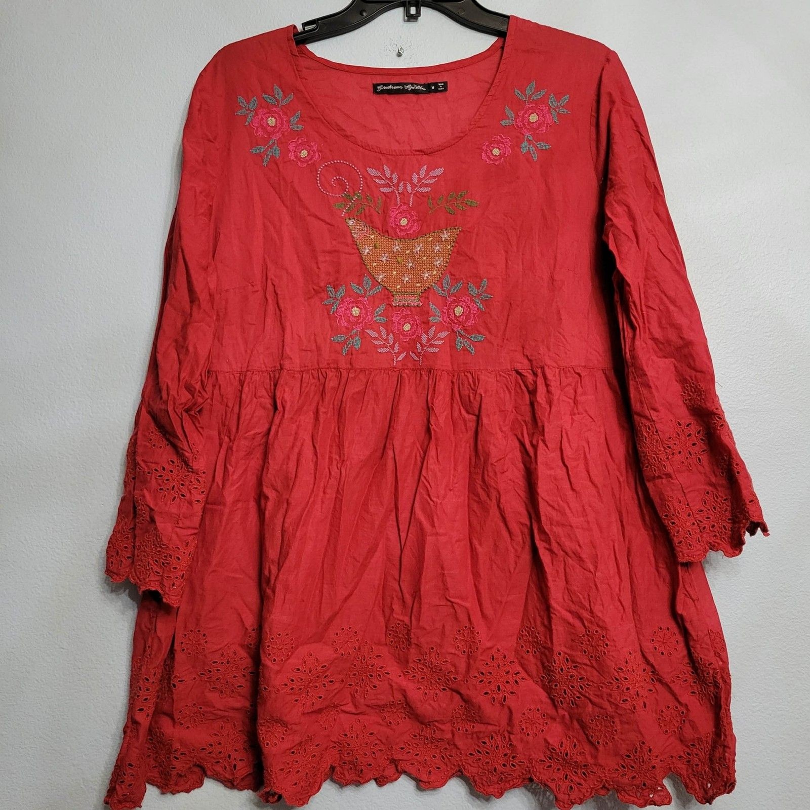 Gudrun Sjoden Okarina Organic Cotton Top Red 3/4 Sleeve Embroidered Tunic MED
