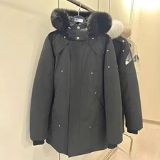 Moose Knuckles men's and women's mid length jacket hooded fox fur collar