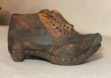 rare antique pair 1870's handmade wooden sole leather brass studded child shoes