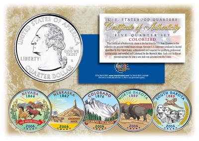 2006 Colorized US Mint State Quarters Complete Set - 5 Coins With Display Capsules