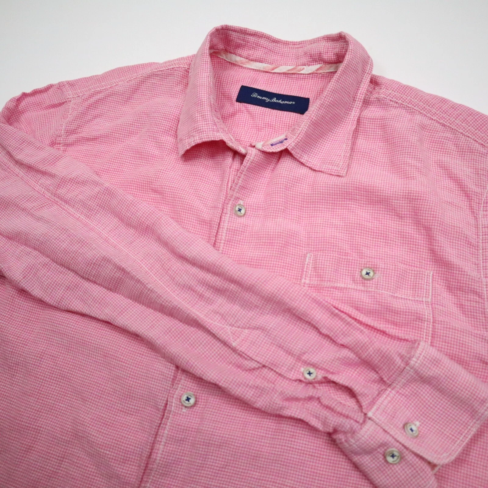 Tommy Bahama Shirt Mens Size L Pink Linen Blend Button Up Long Sleeve Men
