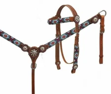 Western Saddle Horse Beaded Leather Tack Set Bridle Headstall + Breast Collar 