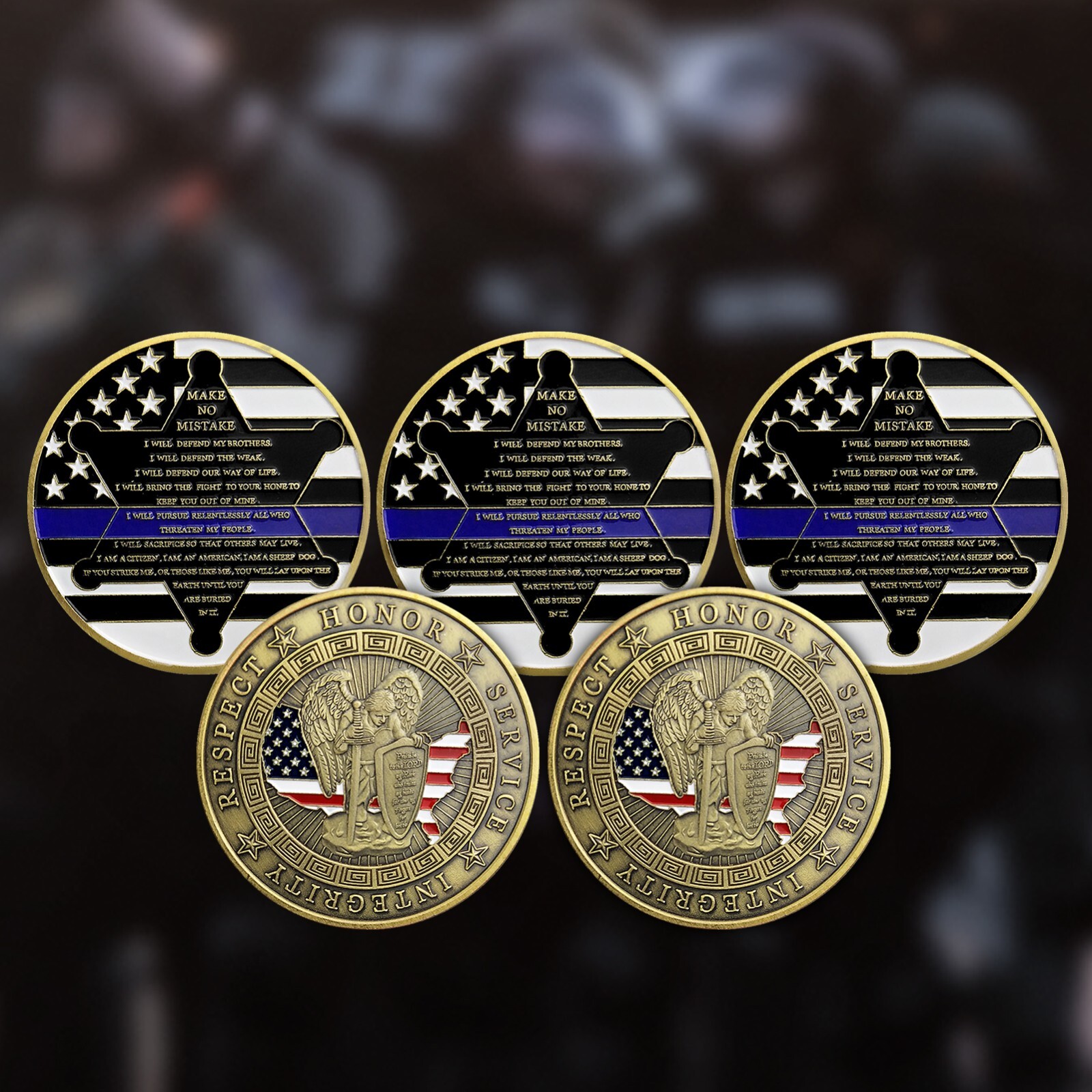 5 Pieces Thin Blue Line St.Michael Police Officer Challenge Coin Motto Gifts