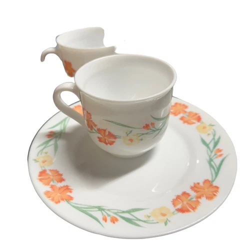 Set of 4 Vintage Arcopal France Milk Glass Wildflower Cups Mugs Plate 8"