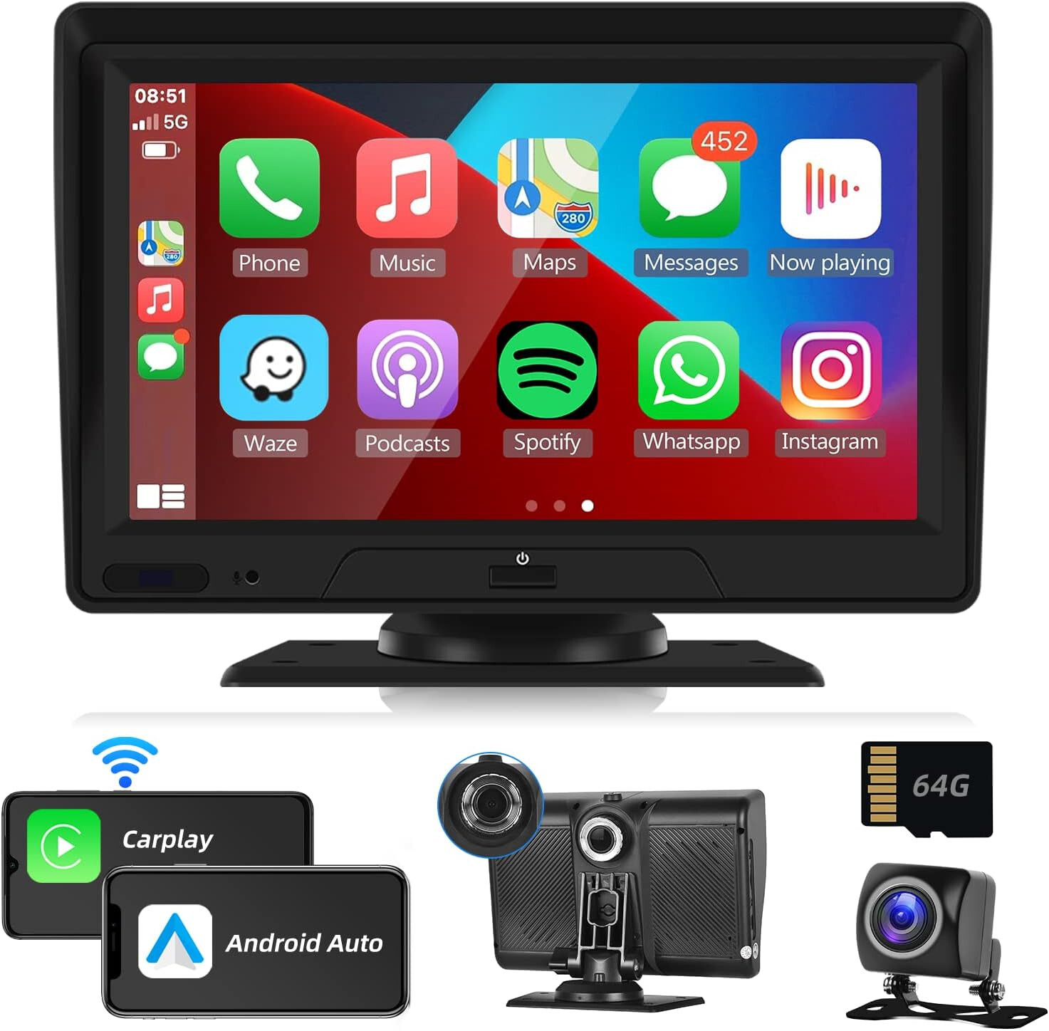 Autoradio 7 Pollici Wireless CarPlay Android Auto Trasmettitore FM