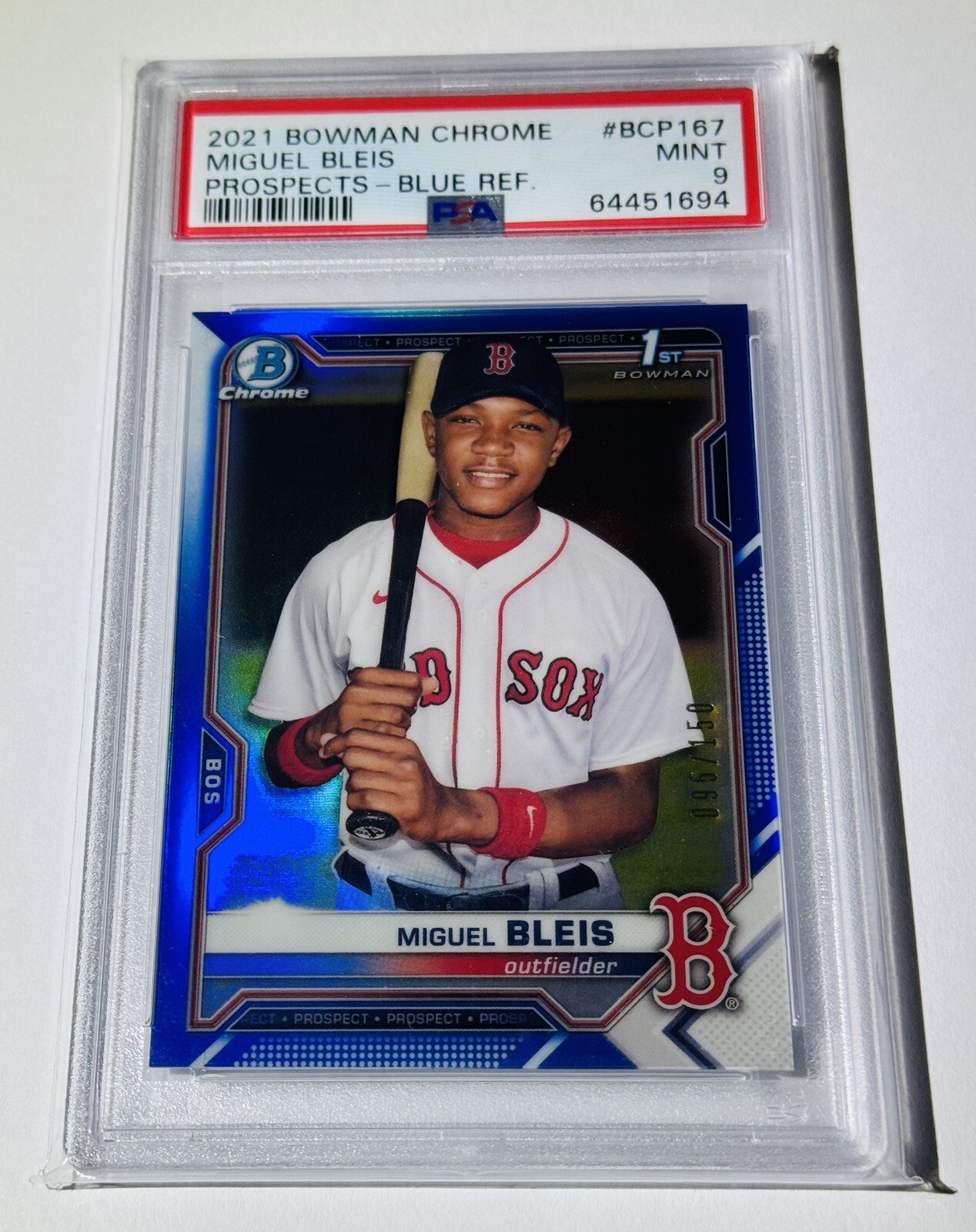 Miguel Bleis PSA 9 2021 Bowman CHROME TRUE BLUE REFRACTOR 1st /150 #BCP167