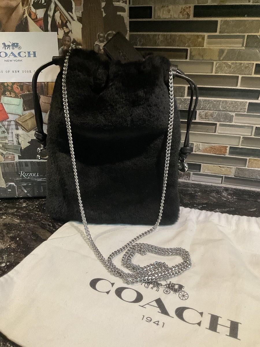 Coach Black Shearling Drawstring Pouch Shoulder Crossbody Bag
