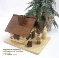 1 Holz-RäUcher-BlockhüTte Mit Ringelbaum & Winterfigur Braun Ca.11 X 13 X 8 Cm