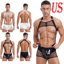 US Men's Body Chest Harness Singlet Bodysuit Jockstrap Mankini Shorts Jumpsuits