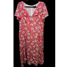 Roz & Ali Floral Midi Dress Ruffle Neck Short Sleeve Pink White 14