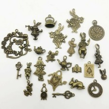 5 Fairy Tale Charms Antiqued Bronze Alice in Wonderland Themed Assorted Lot