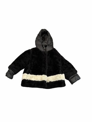 ADD JUNIOR  Black Hooded Sherpa Combo Down Jacket Plush White Stripe Girl's 4