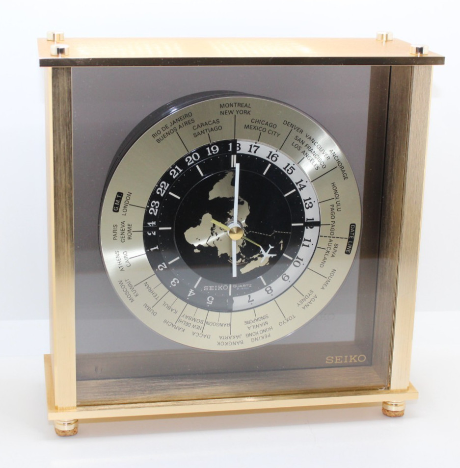 Vintage Seiko Quartz World Time Zone Clock Airplane Second Hand Desk Mantle