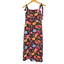 Betsey Johnson Neon Floral Tie Strap Midi Dress Black XS Smocked Back Slit NEW