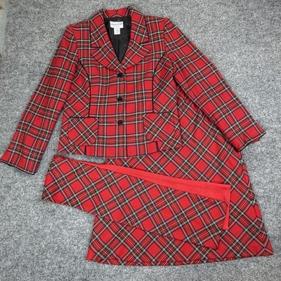Vintage Pendleton Womens 3pc Red Tartan Plaid Wool Suit Set Jacket 8 Skirt 6