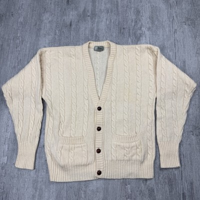 VTG CHRISTOPHER HAYES MENS IVORY WOOL CABLE KNIT GRANDPA CARDIGAN POCKETS SZ L