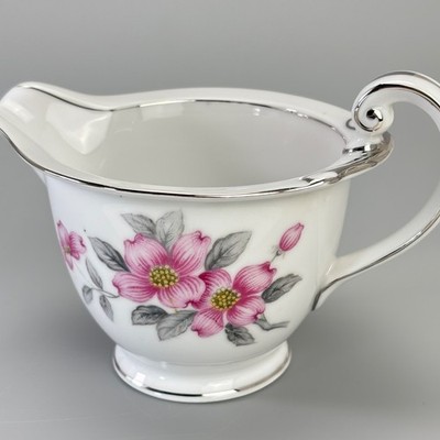 Seyei Fine China Cream Pitcher Dogwood Japan Vintage 1950 Pink Platinum Trim