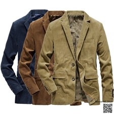 Mens Corduroy Suit Jacket Smart Casual Notch Lapel Cord Blazer Coat Vintage Tops