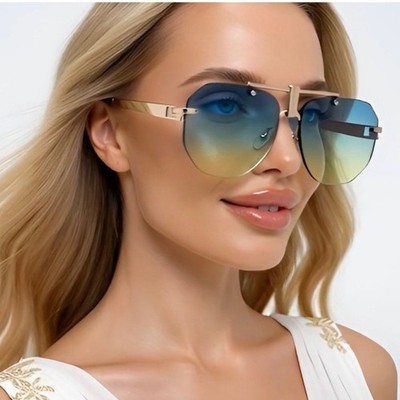Sunglasses Women Fashion Tinted Green Lens Gold Frame Octagon Sun Glasses Trendy