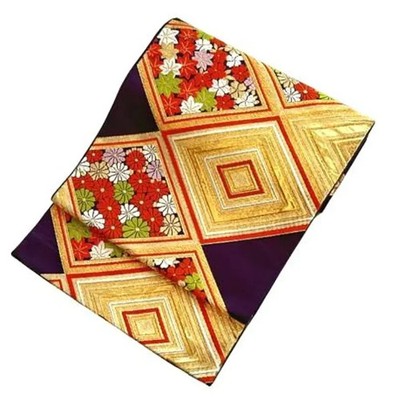 Vintage Japanese Silk Fukuro Obi   Gold Brocade Geometric & Floral Pattern
