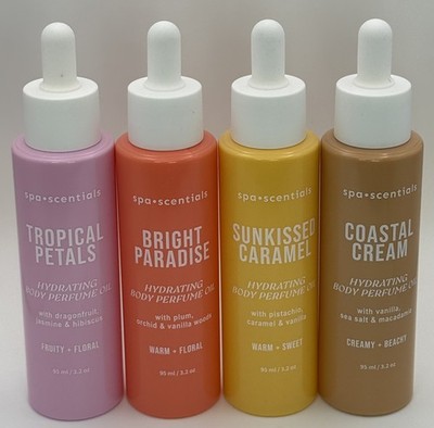 Spa Scentials Body Perfume Oil 4 Pc Set Tropical Paradise Coastal Cream Sunkiss
