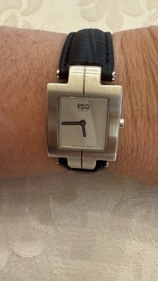 ESQ Swiss Tank Watch Women Watch Silver Tone New LEATHER Band & New Battery EUC