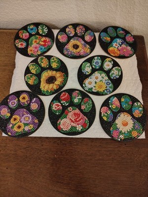 Round Floral Paw Print Coaster Set 7pc Black/Multicolor Plastic Non-Slip