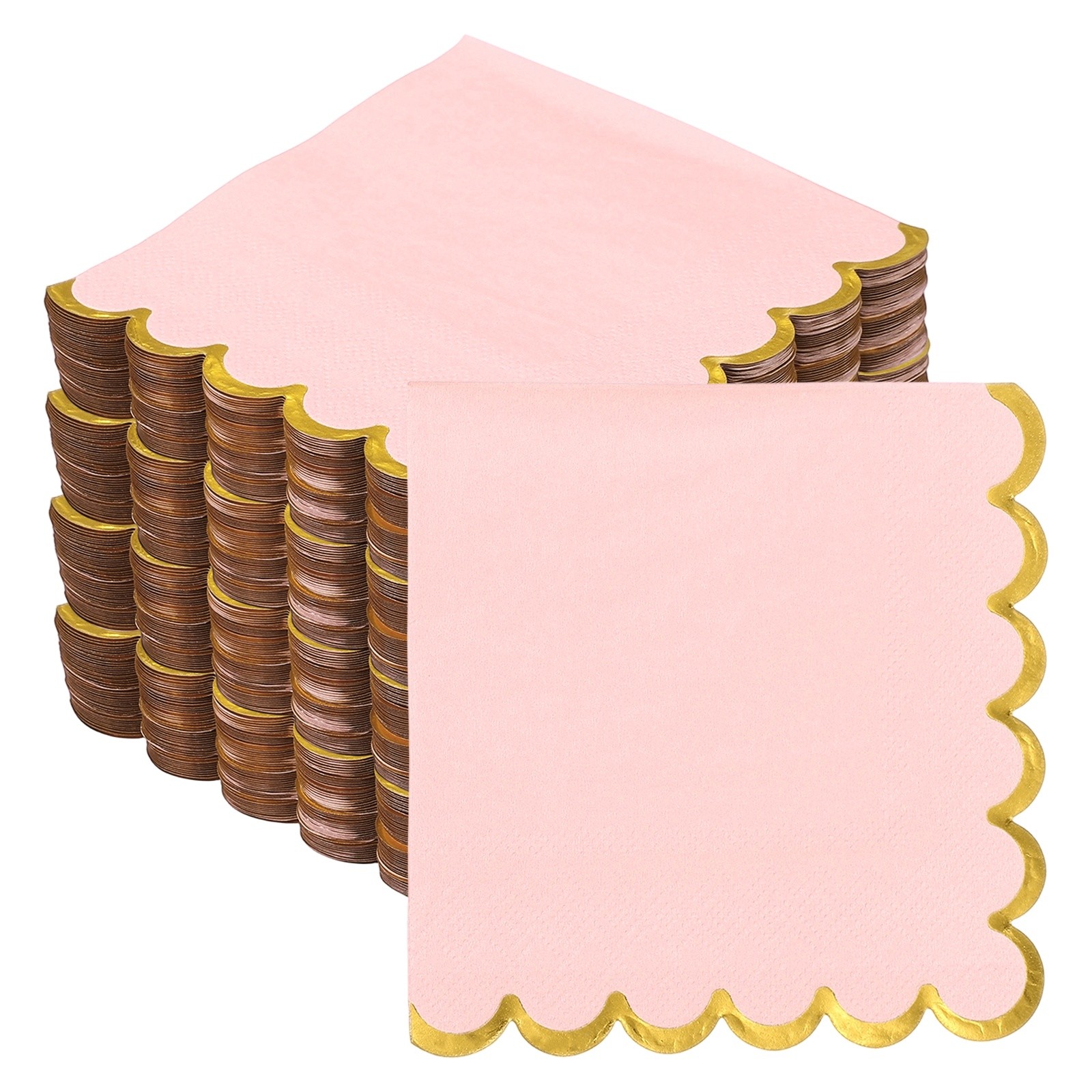200Pcs Scalloped Cocktail Napkins with Gold Foil(5 x 5 Inch Light Pink)
