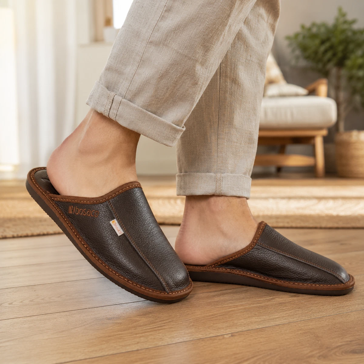 Herren Leder Hausschuhe Geschlossen Bequem Leicht Atmungsaktiv Slipper BOSACO