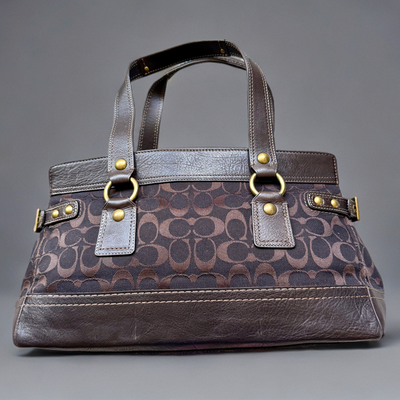 Coach Brown Signature Mandy Double Turnlock Satchel Shoulder Bag 