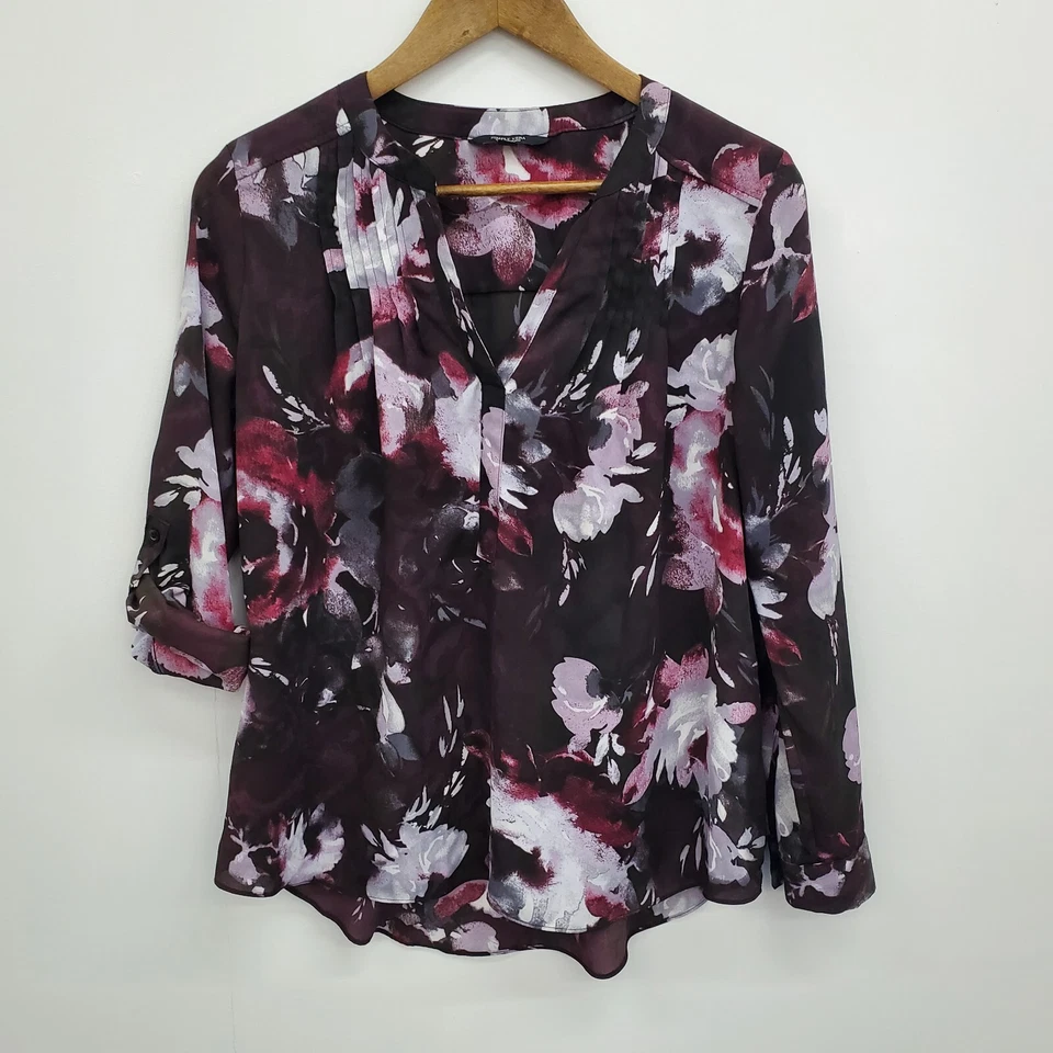Simply Vera Vera Wang Womens PM Burgundy Floral Blouse V-Neck Long Sleeve Top - Image 2 of 4