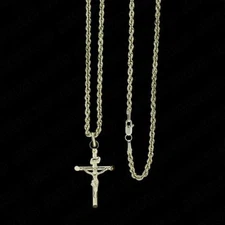 10K Yellow Gold INRI Jesus Crucifix Cross Charm Pendant & 2mm Rope Chain