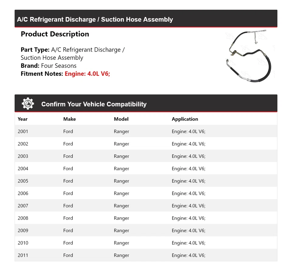 Conjunto de manguera de succión/descarga de refrigerante aire acondicionado Ford Ranger 2001-2011 4 estaciones Foto 2 de 4