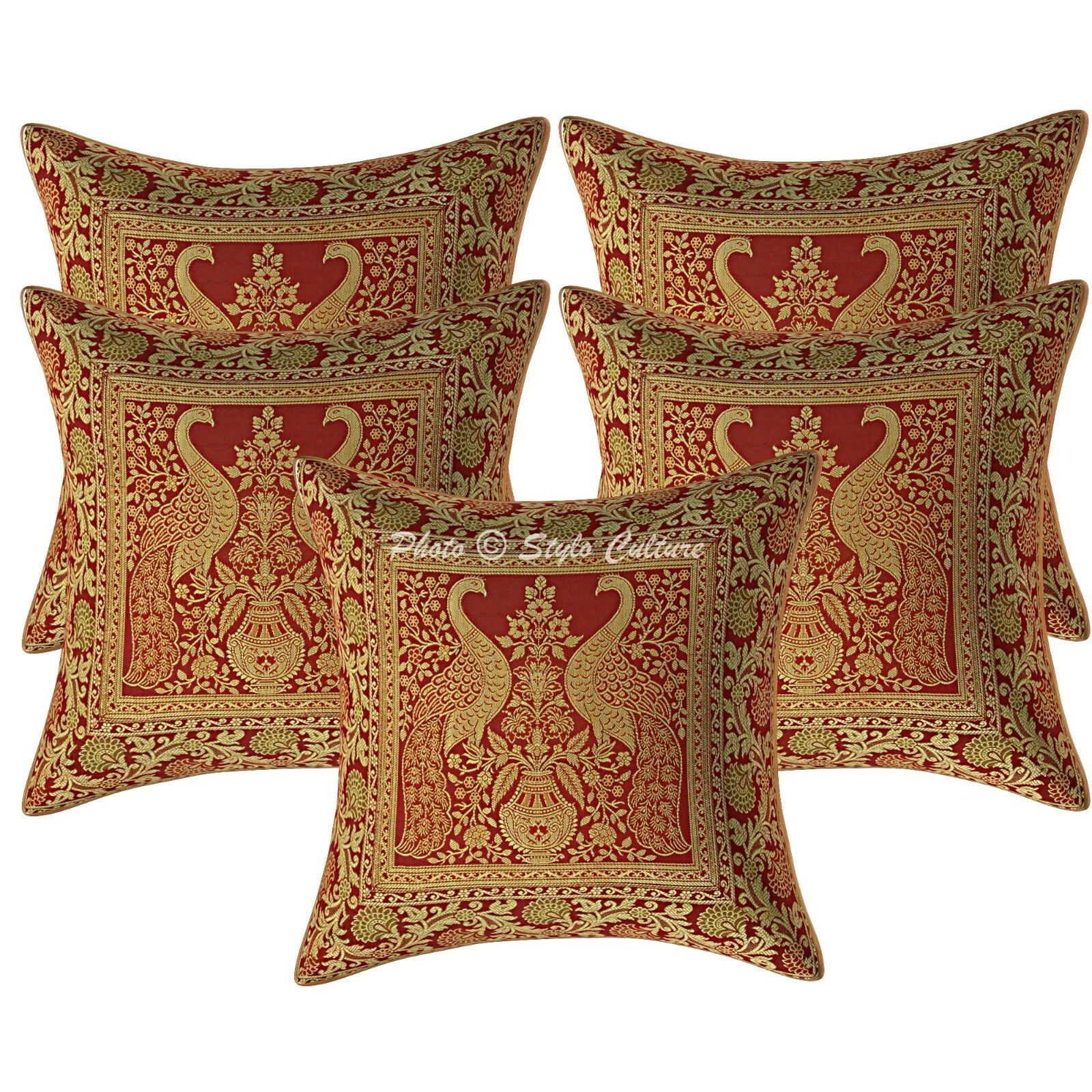 Boho Cushion Covers Maroon 40x40 cm Jacquard Brocade Peacock Throw Pillow Covers