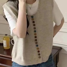 Women Sleeveless Cardigan Sweater Jumper Vest Knitted Waistcoat Button Tank Top