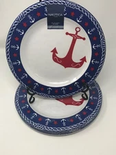 Nautica Melamine Dinner Plates - Set of 4 - Nautical Anchor - Blue Trim - 11"