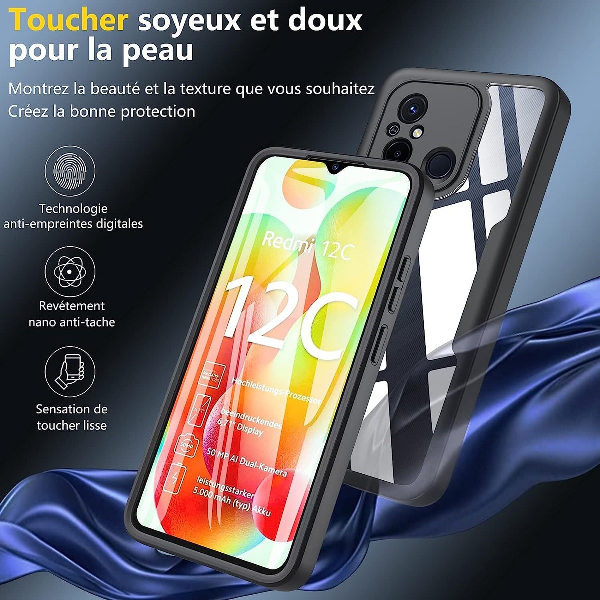 Coque Transparente 360° Sans Points Pour Redmi 12C - Silicone Gel, Protection Intégrale