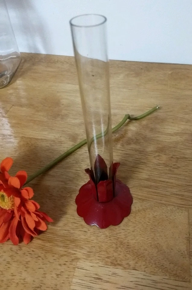 Jarrón tubo de vidrio transparente vintage rojo floral soporte maceta marco de metal kitsch Foto 4 de 4