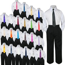 3pc Boys Baby Toddler White Shirt Black Pants Uniform Formal Pick Color Tie S-8