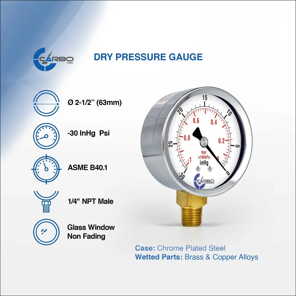 2-1/2" Vacuum Gauge - Chrome Plated Steel Case, 1/4"NPT, Lower Mnt. -30 inHg/0 - Image 2 of 4