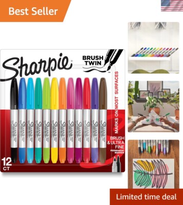 Versatile Brush & Ultra Fine Tip Permanent Markers - 12 Pack Assorted Colors