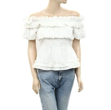 Love The Label Anthropologie Off Shoulder Smocked Blouse Top White M-P 260137