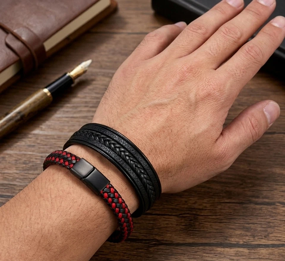 Lot de 2 Bracelets 21 cm – Cuir Noir Multi-Rangs & Tressé Noir/Rouge, - Photo 4/4