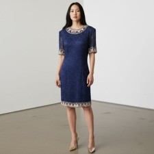 Vintage 80S Laurence Kazar Blue Beaded Silk Dress Sz Large Sequin Sheer Art Deco